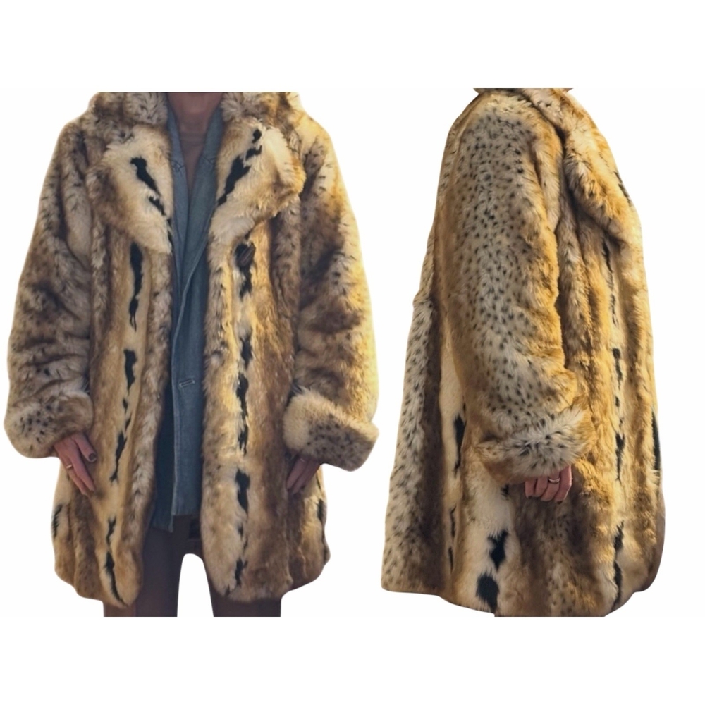 Pamela McCoy Faux Lynx Bobcat Fur Coat, Elegant Faux Fur Coat Vegan Sz Large - Picture 4 of 17